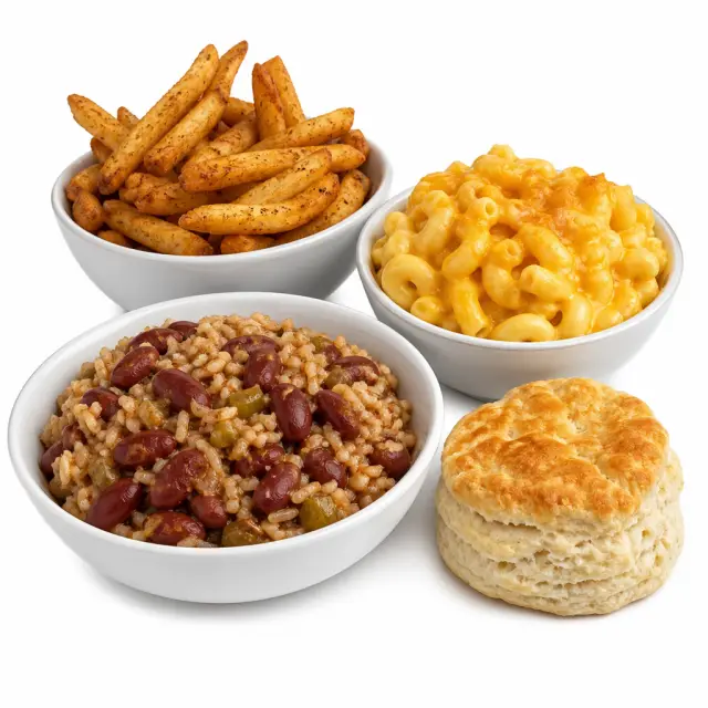 Cajun fries, mashed potatoes and biscuits